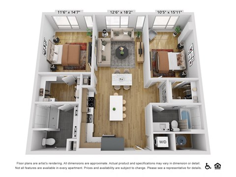 Floor plan for 2 beds, 2 baths, 1152 sqft