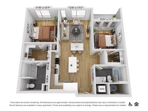 Floor plan for 2 beds, 2 baths, 1080 sqft