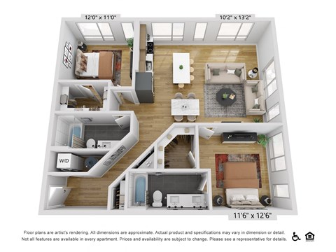 Floor plan for 2 beds, 2 baths, 1133 sqft