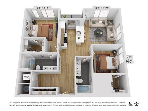 Floor plan for 2 beds, 2 baths, 1088 sqft