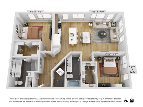 Floor plan for 2 beds, 2 baths, 1303 sqft