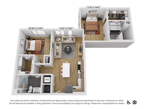 Floor plan for 2 beds, 2 baths, 1068 sqft