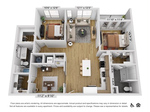 Floor plan for 2 beds, 2 baths, 1258 sqft