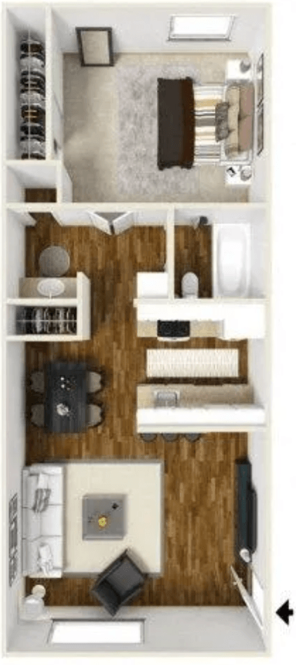 Floor plan for 1 bed, 1 bath, 640 sqft