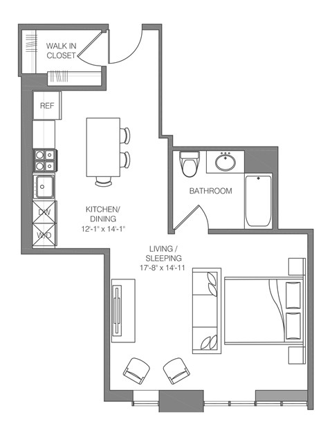 Floor plan for studio, 1 bath, 608 sqft