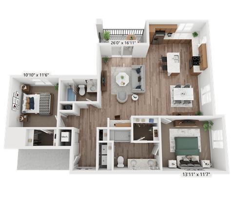 Floor plan for 2 beds, 2 baths, 1270 sqft