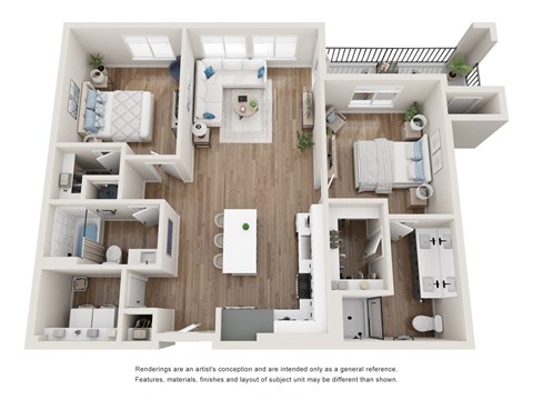 Floor plan for 2 beds, 2 baths, 1130 sqft