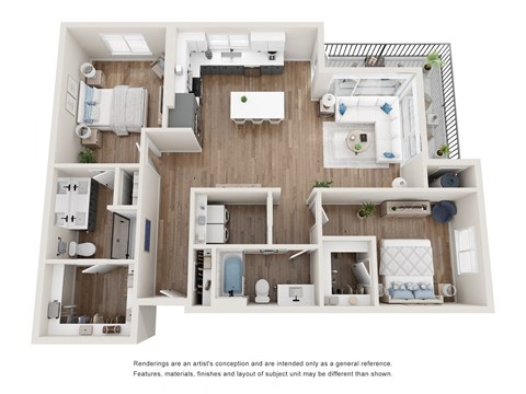 Floor plan for 2 beds, 2 baths, 1255 sqft