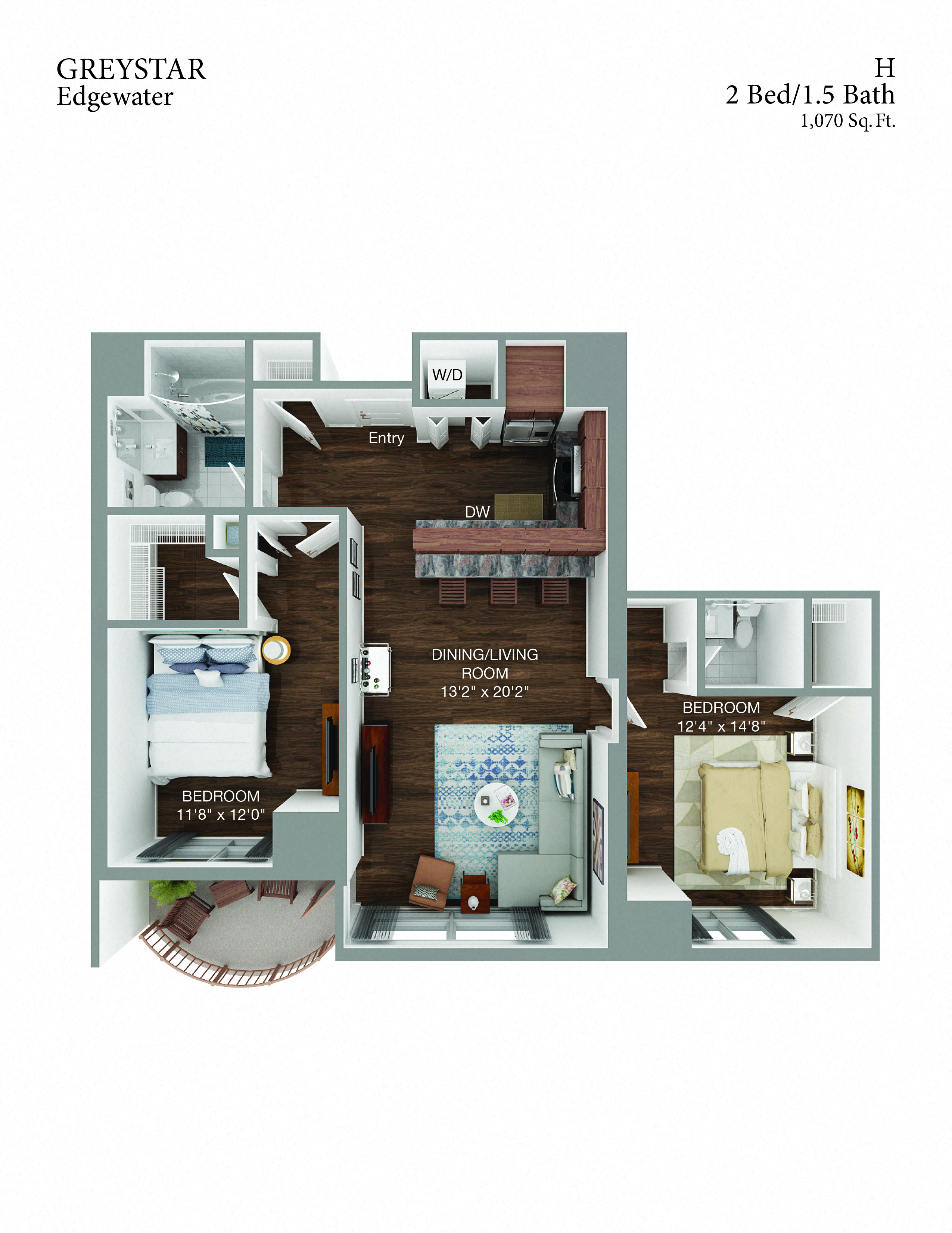 Floor plan for 2 beds, 1.5 baths, 1068 sqft