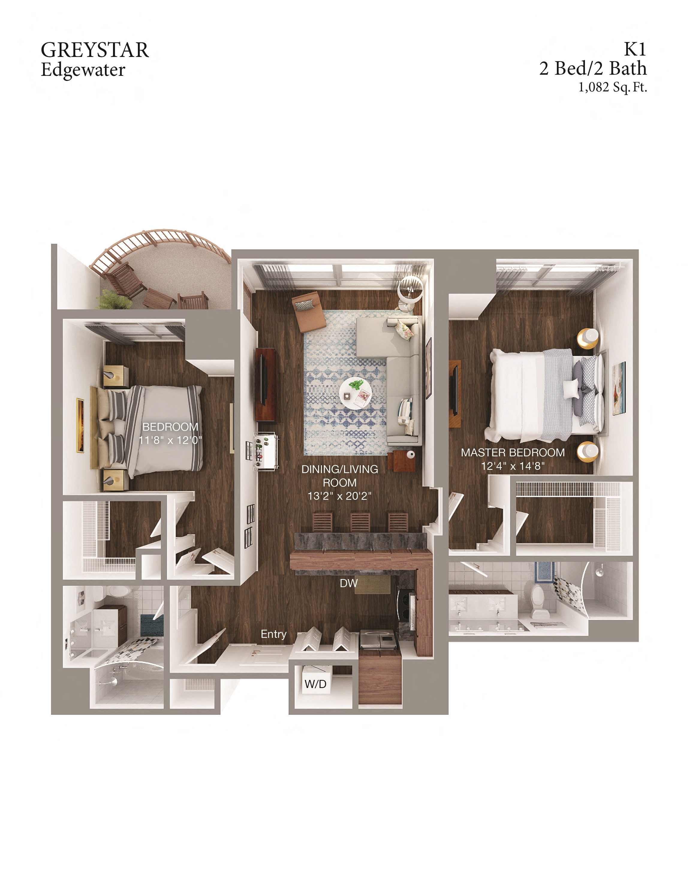 Floor plan for 2 beds, 2 baths, 1082 sqft