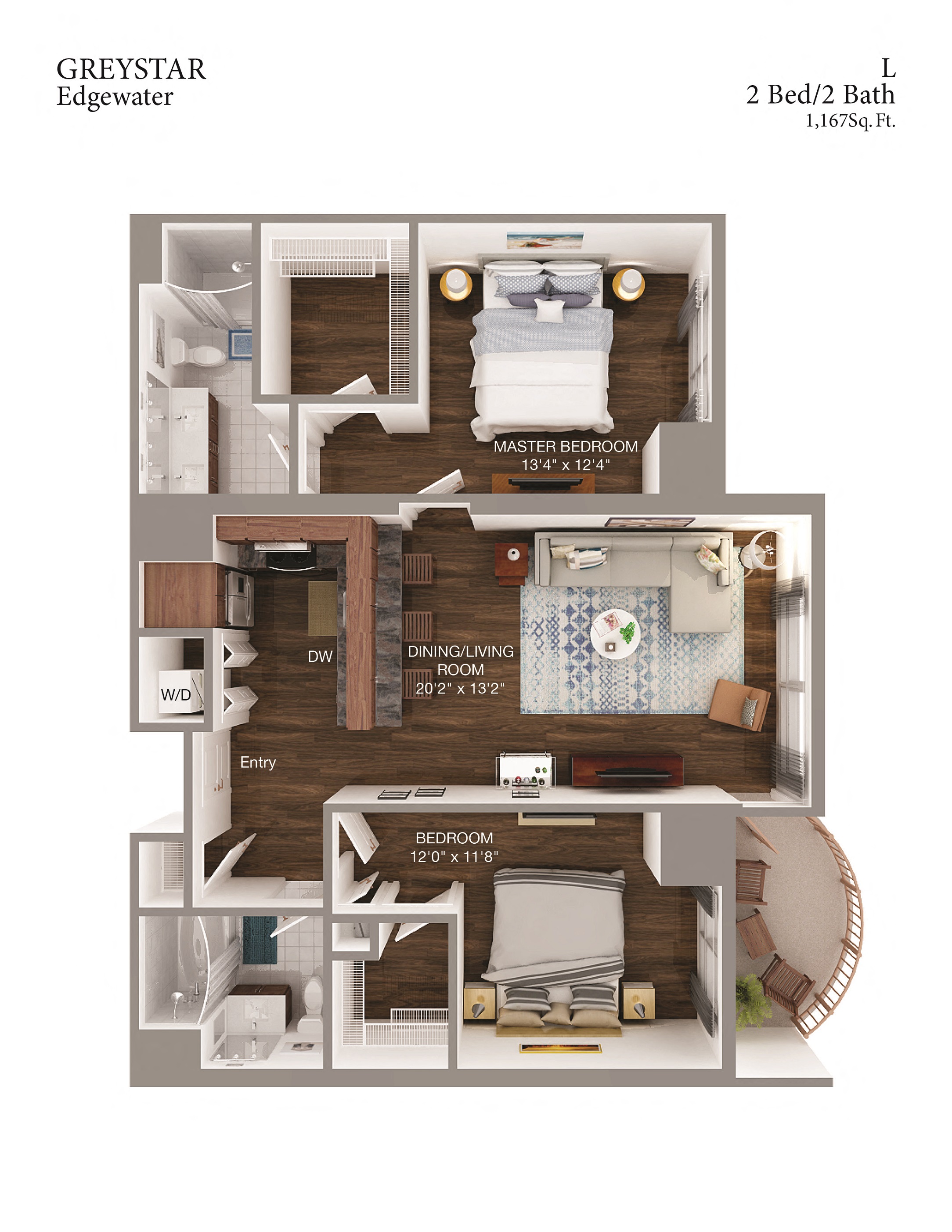 Floor plan for 2 beds, 2 baths, 1167 sqft