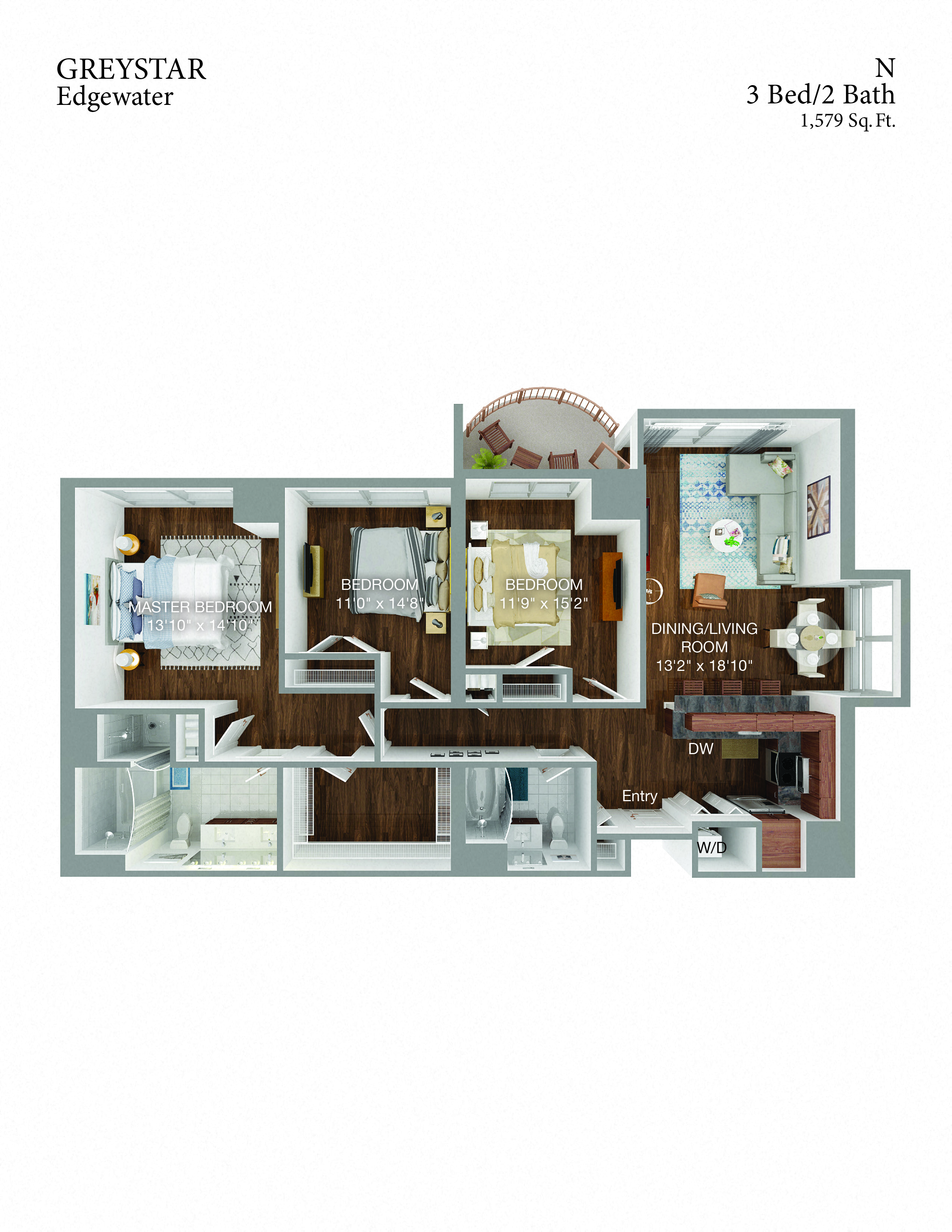 Floor plan for 3 beds, 2 baths, 1579 sqft