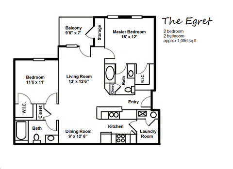 Floor plan for 2 beds, 2 baths, 1086 sqft