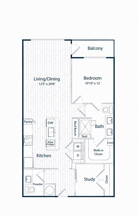 Floor plan for 1 bed, 1.5 baths, 972 sqft