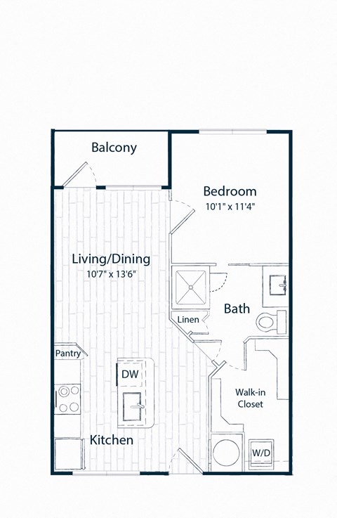 Floor plan for 1 bed, 1 bath, 602 sqft