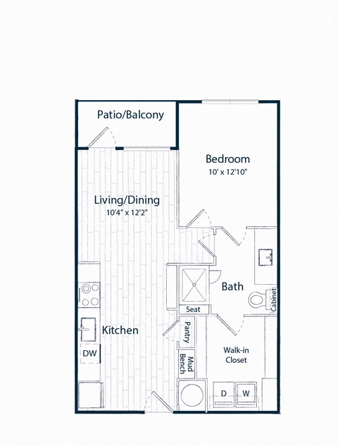 Floor plan for 1 bed, 1 bath, 656 sqft