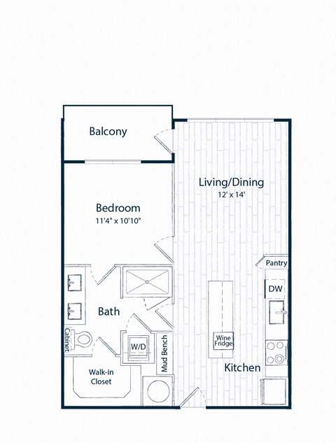Floor plan for 1 bed, 1 bath, 700 sqft