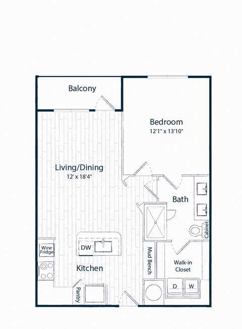 Floor plan for 1 bed, 1 bath, 769 sqft