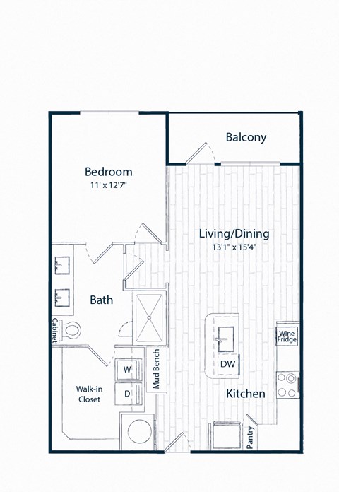 Floor plan for 1 bed, 1 bath, 782 sqft