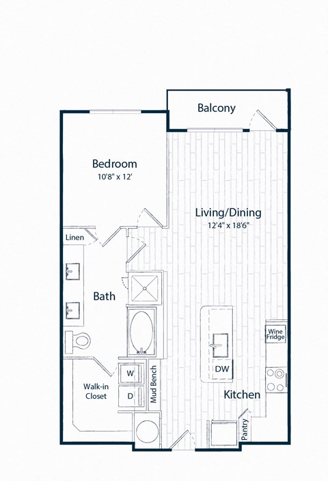 Floor plan for 1 bed, 1 bath, 801 sqft