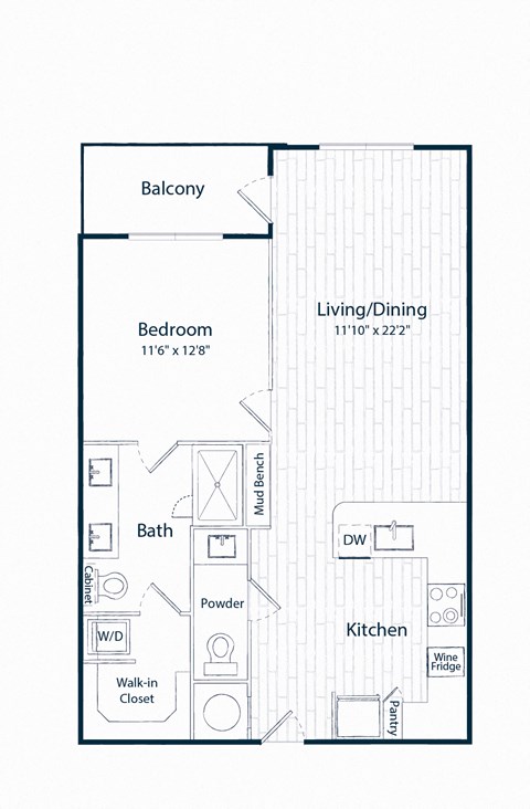 Floor plan for 1 bed, 1.5 baths, 864 sqft