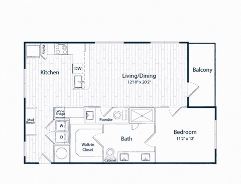 Floor plan for 1 bed, 1.5 baths, 920 sqft