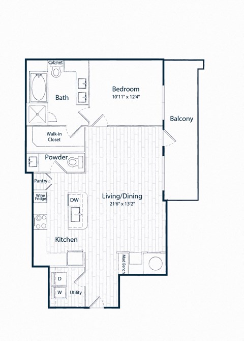 Floor plan for 1 bed, 1.5 baths, 955 sqft