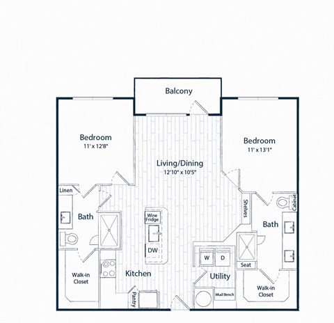 Floor plan for 2 beds, 2 baths, 1127 sqft