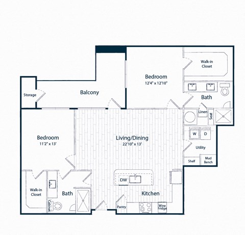 Floor plan for 2 beds, 2 baths, 1232 sqft