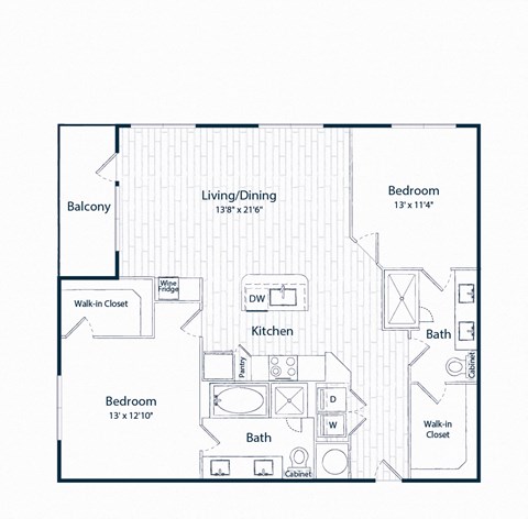 Floor plan for 2 beds, 2 baths, 1251 sqft