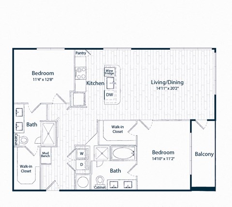 Floor plan for 2 beds, 2 baths, 1262 sqft