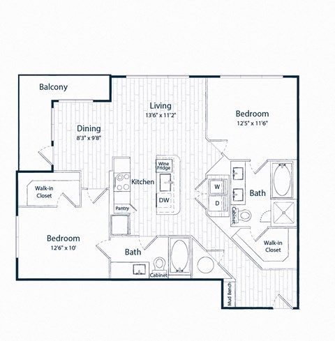 Floor plan for 2 beds, 2 baths, 1119 sqft
