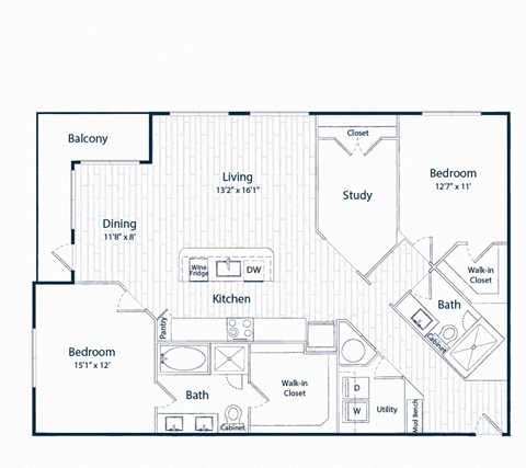 Floor plan for 2 beds, 2.5 baths, 1484 sqft