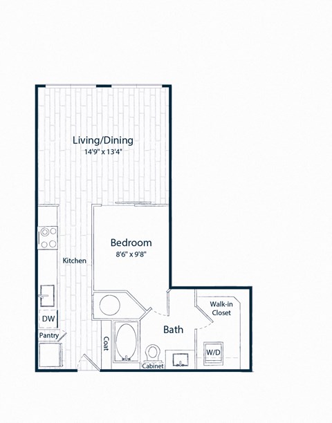 Floor plan for studio, 1 bath, 595 sqft