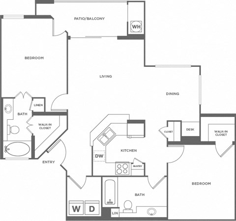 Floor plan for 2 beds, 2 baths, 1042 sqft
