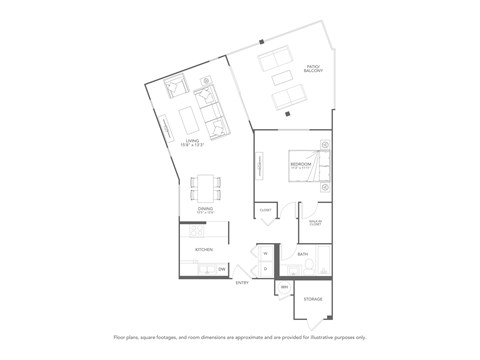 Floor plan for 1 bed, 1 bath, 800 sqft