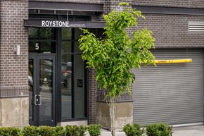Seattle apartment for rent - A tree in front of a building with the sign Roystone Apartments.