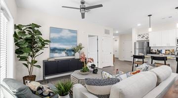Leland apartment for rent - A living room with a grey couch, a coffee table, a potted plant, and a painting on the wall.