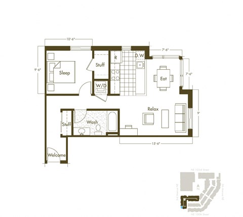 Floor plan for 1 bed, 1 bath, 682 sqft
