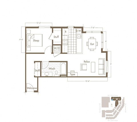 Floor plan for 1 bed, 1 bath, 690 sqft