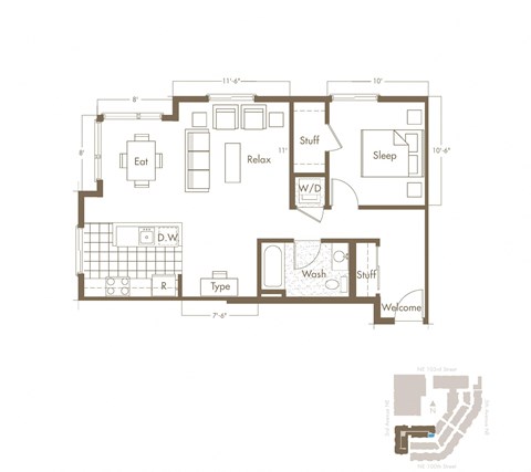 Floor plan for 1 bed, 1 bath, 776 sqft