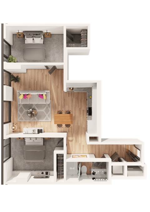 Floor plan for 2 beds, 1 bath, 1070 sqft