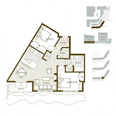 Floor plan for 1 bed, 1.5 baths, 716 sqft