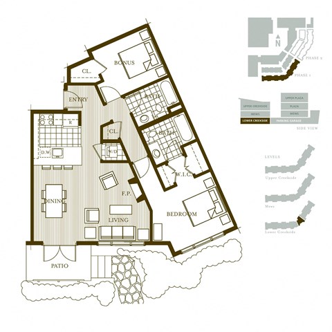 Floor plan for 1 bed, 2 baths, 985 sqft