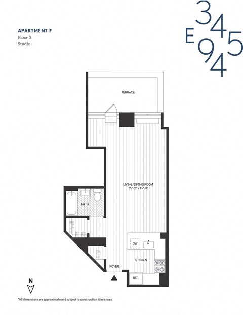 Floor plan for studio, 1 bath, 518 sqft