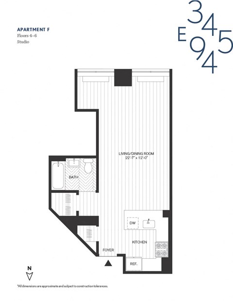 Floor plan for studio, 1 bath, 488 sqft