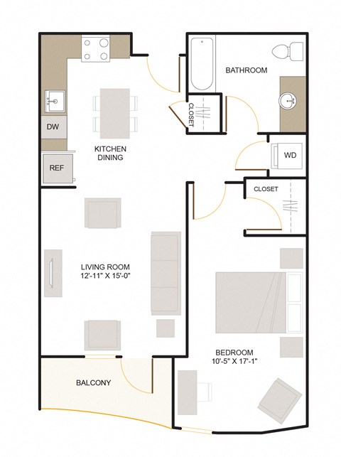 Floor plan for 1 bed, 1 bath, 810 sqft