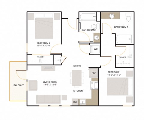 Floor plan for 2 beds, 2 baths, 1010 sqft