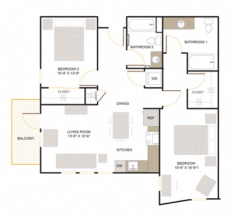 Floor plan for 2 beds, 2 baths, 1072 sqft