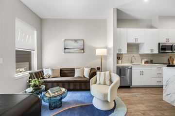 Marlborough apartment for rent - A modern living room with a brown couch and a white chair.